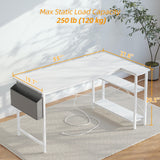 TIQLAB L Shaped Computer Desk with Power Outlets, 55 Inch Small Corner Desk with Reversible Shelves, Gaming Desk Computer Table Study Writing Desk for Home Office Small Space, White TIQLAB