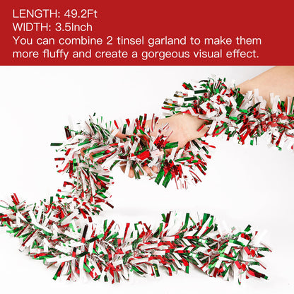 Sggvecsy 49.2Ft Christmas Green Red White Tinsel Garland Xmas Tree Decorations Christmas Metallic Twist Garland Ceiling Hanging Decorations for New Year Party Birthday Holiday Indoor Outdoor Supplies