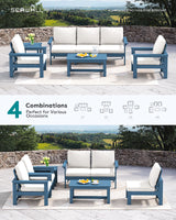 SERWALL HDPE Patio Furniture Set, 7-Piece Outdoor Sectional Sofa Set, All Weather Outdoor Couch Set for Deck, Lawn, Blue Frame with Grey Cushion SERWALL