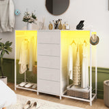 Espelism Dresser for Bedroom with Clothes Rack 5 Drawer Dresser with Charging Station LED Lights White Chest of Drawers Flexible Shelf and Open Storage Space for Bedroom Living Room (White) Espelism