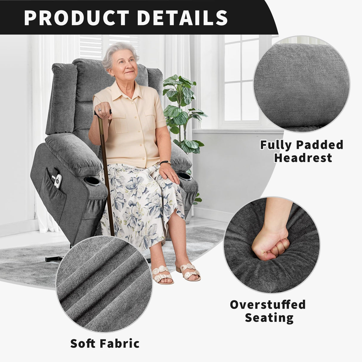 Power Lift Recliner Chair for Elderly Overstuffed Large Electric Lift Chair with Heat and Massage for Big and Tall Adults Reclining Sofa Chair with 2 Cup Holders, Side Pockets, USB Charge Port, Gray WARMTOBABY