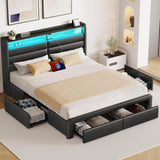 Seventable Queen Size Bed Frame with 4 Storage Drawers & Charging Station, Upholstered Platform Bed with Storage Headboard and LED Light, No Box Spring Needed, Noise Free, Easy Assembly, Black Seventable