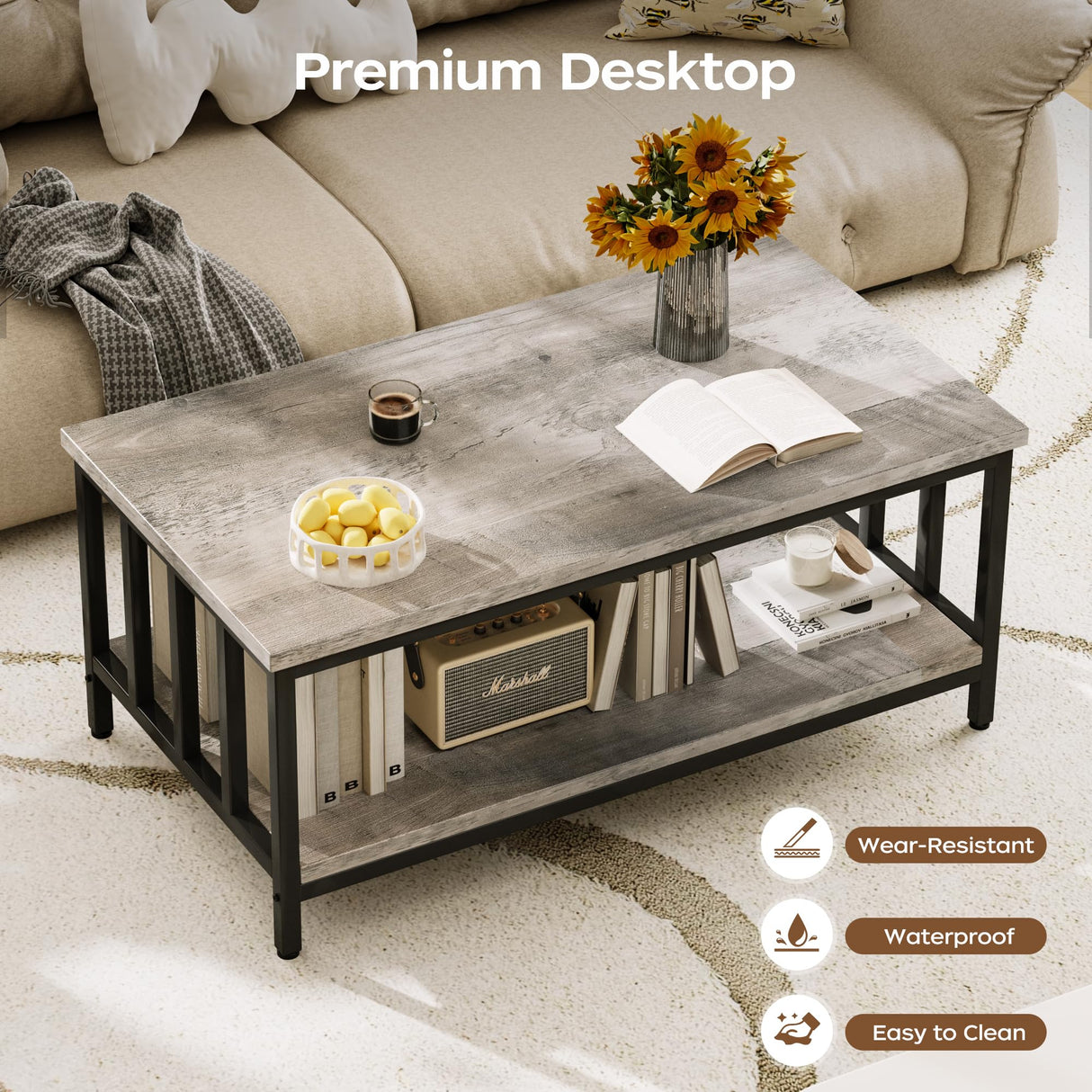 Homeiju Coffee Table for Living Room with Slatted Sides Frame, Modern Farmhouse Living Room Table with 2-Tier Storage Shelf for Home Office, Apartment, 39 inch Grey Wash Homeiju