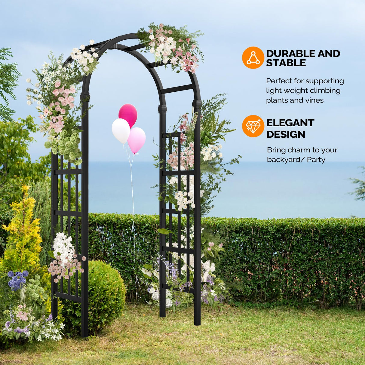 VINGLI Vinyl Garden Arbor, PVC Wedding Arch for Ceremony Party, Garden Trellis for Climbing Plants Outdoor, Arch Backdrop Stand for Garden, Backyard, Lawn (Black) VINGLI