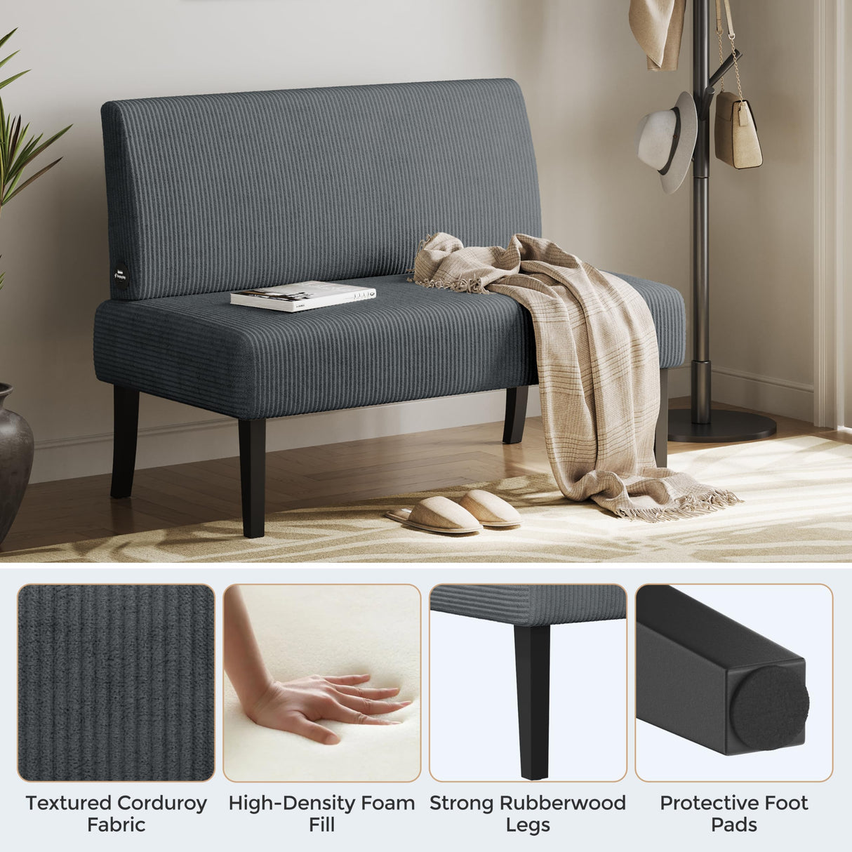 Yaheetech Small Comfy Sofa Mini Loveseat Couch 2-Seater Armless Sofa Chair, Corduroy Fabric & Easy Assembly, for Small Spaces Living Room,Bedroom,Dorm,Office, Dark Grey Yaheetech