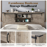 AMERLIFE Farmhouse King Bed Frame, Rustic Wood Platform Bed w/Barn Door Storage Bookcase Headboard & Charging Station, Bedroom Furniture, No Box Spring Needed, Light Grey AMERLIFE