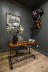 Southern Rustic Logwerks Industrial Pipe Desk Live Edge Top Vintage Table (Honey Pine) — Rustic Live Edge Slab Desk with Steampunk Pipe Legs Southern Rustic Logwerks