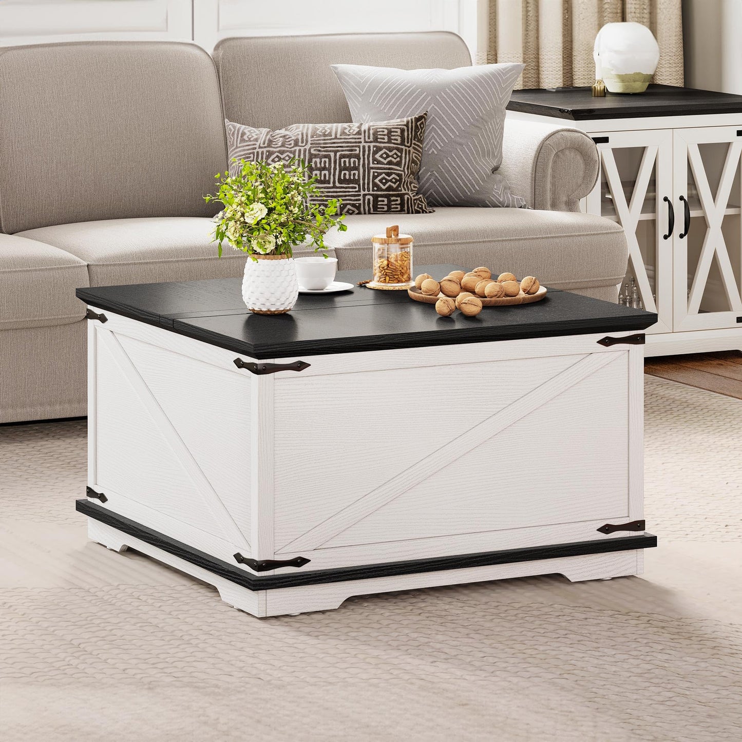 YITAHOME Farmhouse Lift Top Coffee Table, Square Wood Center Table with Large Hidden Storage Compartment for Living Room, Rustic Cocktail Table with Lift Top for Home Office, White and Black