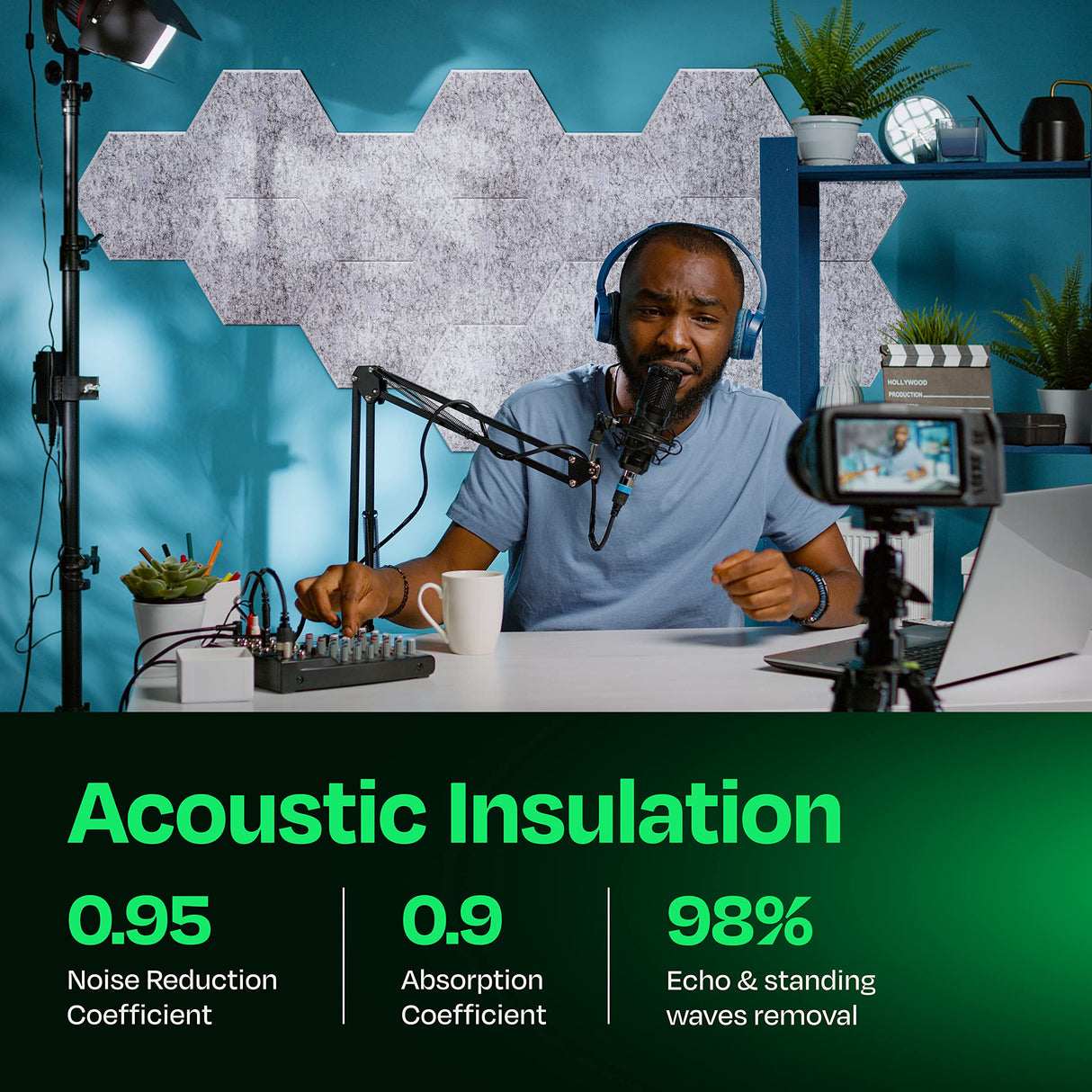 Ekkogo Acoustic Panels 12-Pack Soundproof Wall Panels 12"X10.4"X0.4" Sound Panels High Density Sound Dampening Panels - [Smoky White Hexagon] Ekkogo