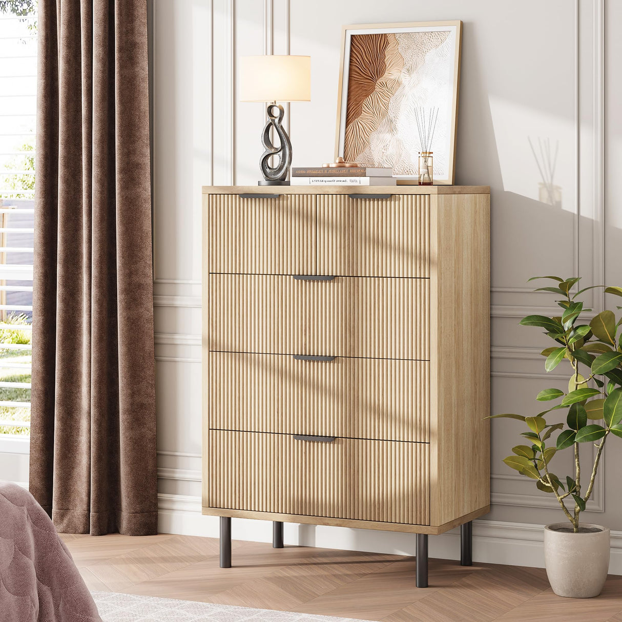 GarveeHome Oak Fluted 5 Drawer Dresser for Bedroom, Modern Wood Chest of Drawers with Wide Drawers, Closet Dresser Organizer with Anti-Tipping Device and Metal Legs for Hallway Entryway GarveeHome