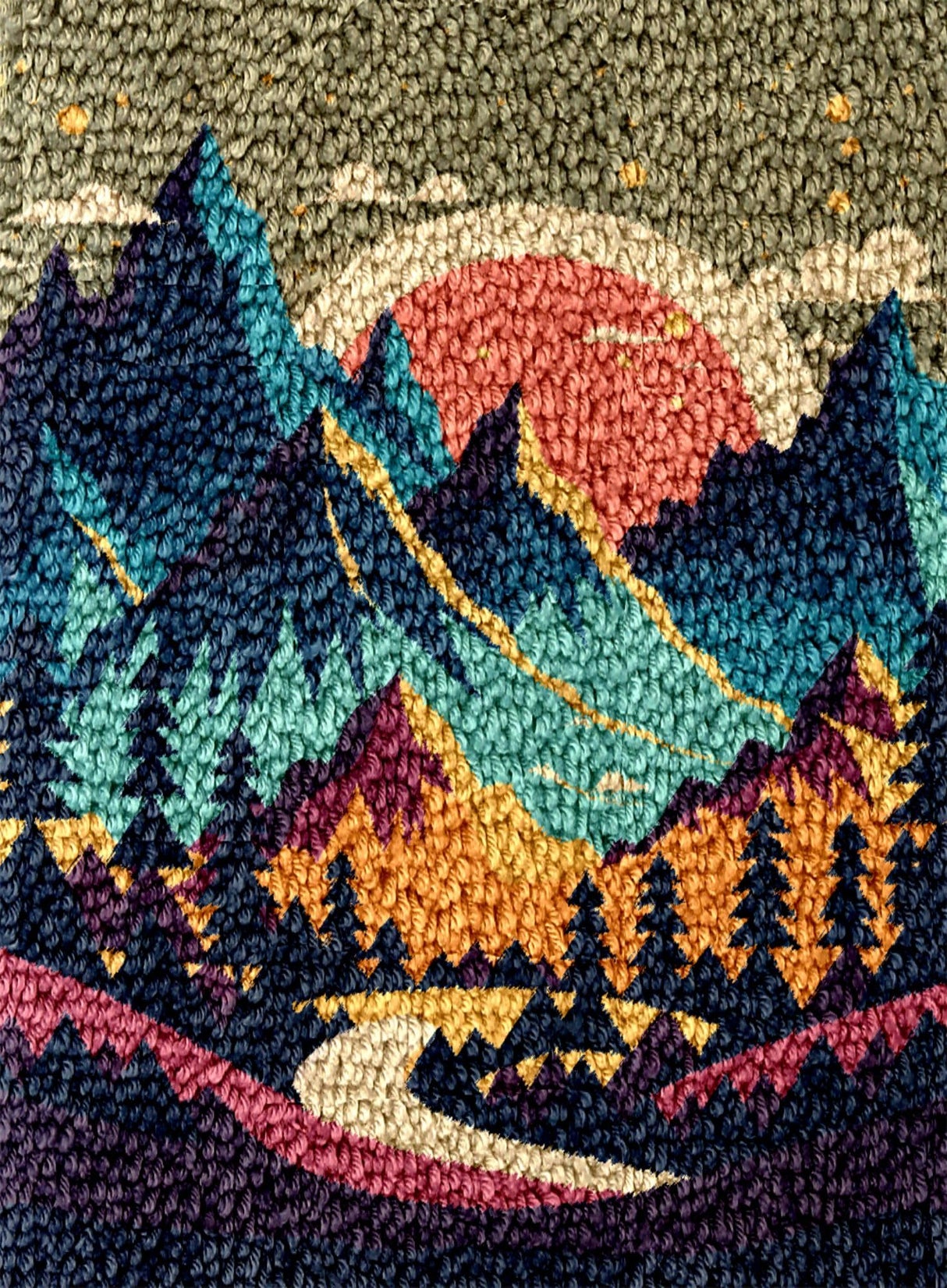 Landscape of Sunset Mountain Tree Latch Hook Rug Kit for Adults DIY Carpet Cushion with Printed Canvas Crochet Yarn Craft Hook and Latch Tapestry for Home Decor Pets Warm Pads 60x40cm(2) Generic