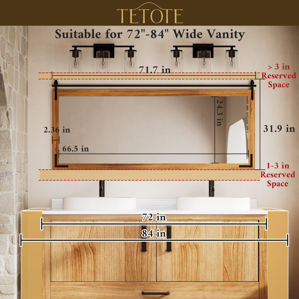 TETOTE 72” x 32” Barn Door Wood Vanity Mirror for Bathroom Sink, Waterproof Rustic Farmhouse Natural Solid Wooden Frame Rectangle Wall Mirror for Living Room Entryway, Fully Assembled TETOTE