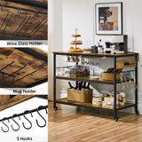Yaheetech Kitchen Island with Power Outlet, Rolling Kitchen Cart with Wine Rack & Glass Holder & Hooks, Coffee Bar Microwave Stand Wine Rack Table for Dining Room, 47.5" W x 24" D, Rustic Brown Yaheetech