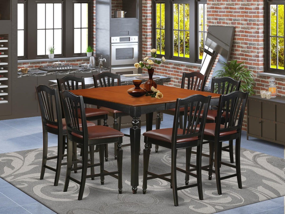 East West Furniture CHEL9-BLK-LC 9 Piece Counter Height Dining Set Includes a Square Kitchen Table with Butterfly Leaf and 8 Faux Leather Dining Room Chairs, 54x54 Inch, Black & Cherry East West Furniture