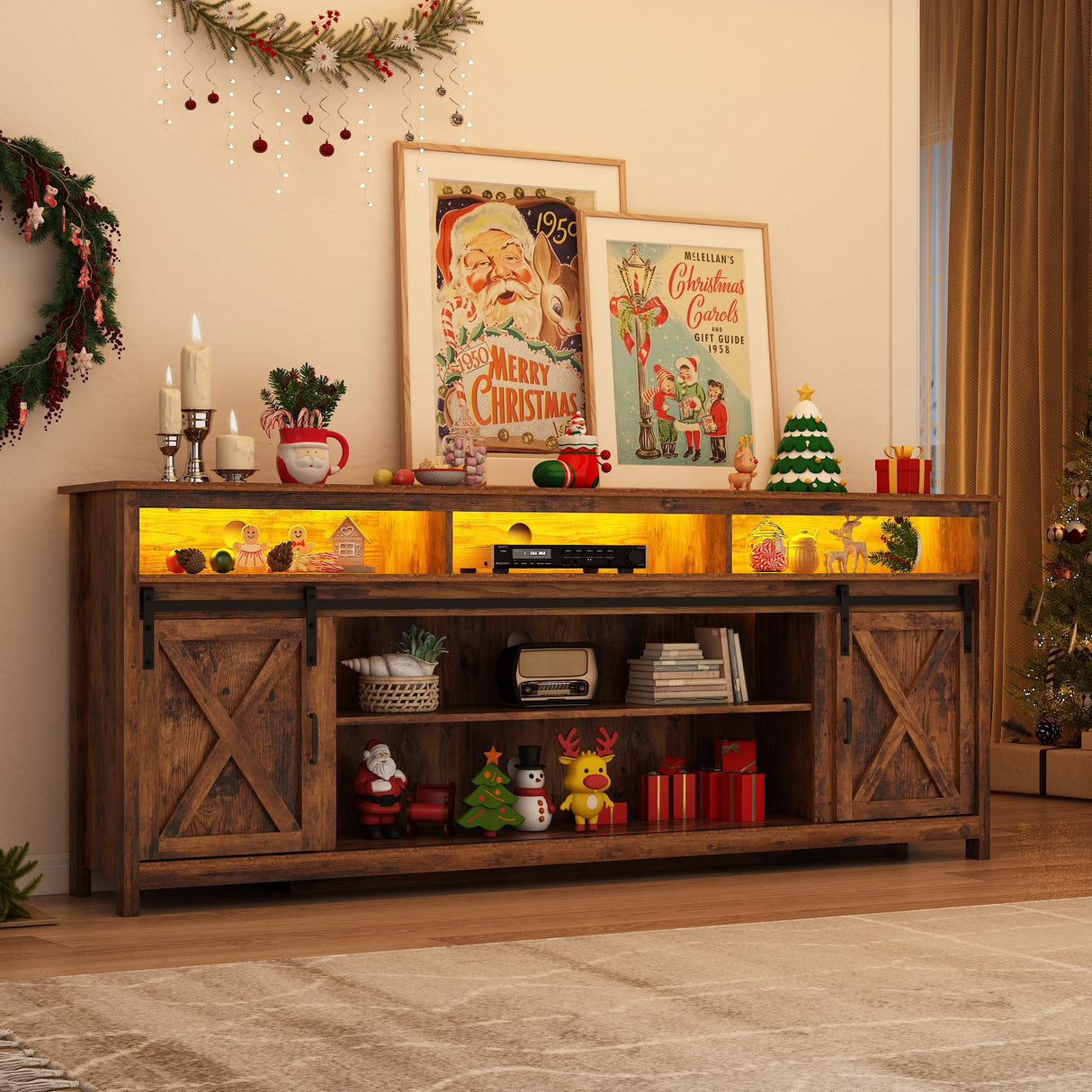 80" LED Farmhouse TV Stand for 90/85/80 Inch TVs,Tall Entertainment Center Storage Cabinets w/Power Outlets and Sliding Barn Door,Rustic TV Stands for Living Room,Media Console Cabinet (Brown) Hlivelood