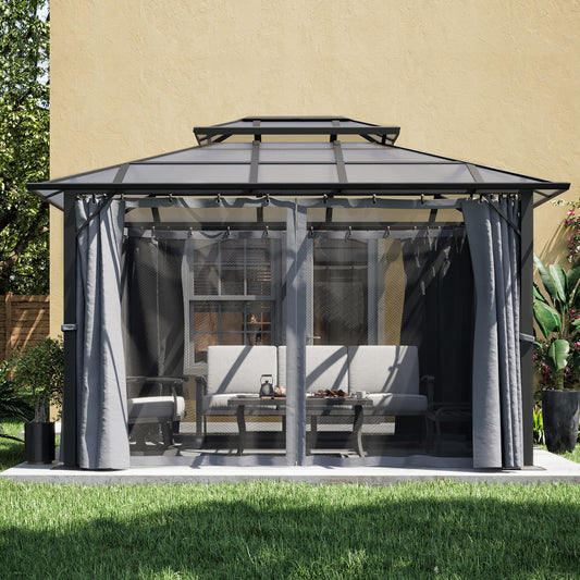 ZEPYARD Hardtop Gazebo 10x12 FT Polycarbonate Double Roof with Netting and Curtains, Metal Aluminum Outdoor Gazebo for Backyard, Patio, Deck (Grey)