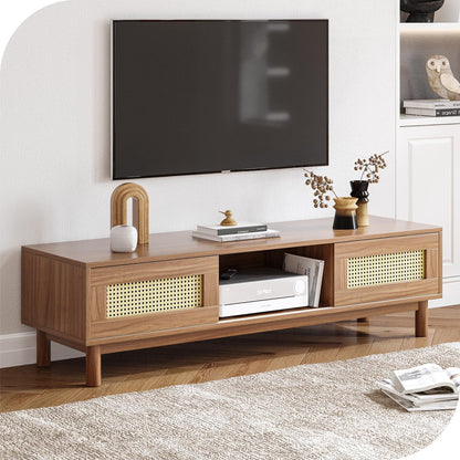 DWVO 58 Inch Rattan TV Stand, Boho Wood Entertainment Center TV Console for 65 Inch TV Mid Century Modern TV Stand with Storage, Farmhouse TV Media Console for Living Room Bedroom, Natural Oak