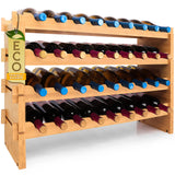 SereneLife Bamboo Stackable Wine Rack, 4-Tier 36 Bottle Capacity Wine Racks Free Standing Floor, No Tools Assembly, Modular Storage Display Shelf for Kitchen and Cellar 33.5" x 10" x 21" SereneLife