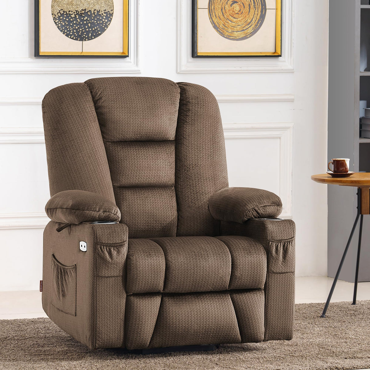 MCombo Large Power Lift Recliner Chair Sofa with Massage and Heat for Big and Tall Elderly People, 3 Positions, Cup Holders, and USB Ports, Fabric 7549 (Large, Brown) MCombo