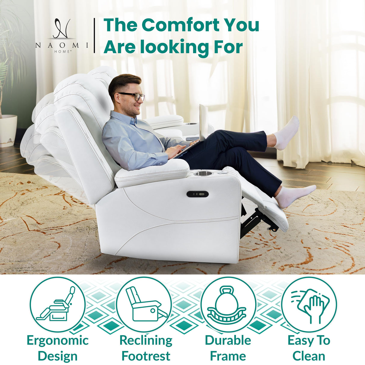 Home Theater Seating, Gaming Chairs for Adults, Wireless Charging Movie Theater Chairs, Power Recline Loveseat with 6 Cup Holders and Tray, Powerful in-Built Speaker, USB Ports, Air Leather – White Naomi Home