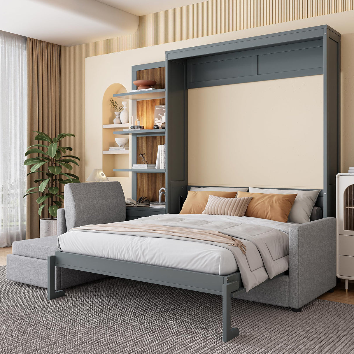 Queen Size Murphy Bed Wall Bed with Sofa and Shelves,Versatile Convertible Wooden Bed Frame,Space-Saving for Multipurpose Guest Room or Home Office (Gray) GYYBED
