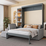 Queen Size Murphy Bed Wall Bed with Sofa and Shelves,Versatile Convertible Wooden Bed Frame,Space-Saving for Multipurpose Guest Room or Home Office (Gray) GYYBED