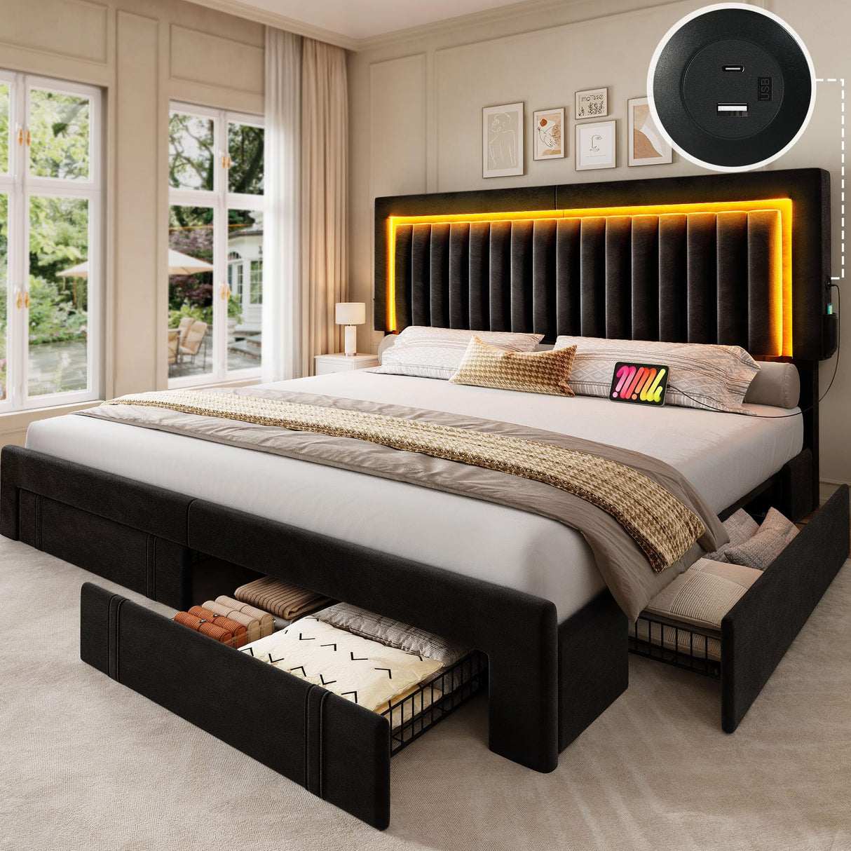 DWVO King Size Bed Frame with Adjustable Headboard, 4 Storage Drawers and RGB LED Lights, Velvet Upholstered Platform Bed with USB Ports, No Box Spring Needed, Fast Assembly, Noise-Free, Black DWVO