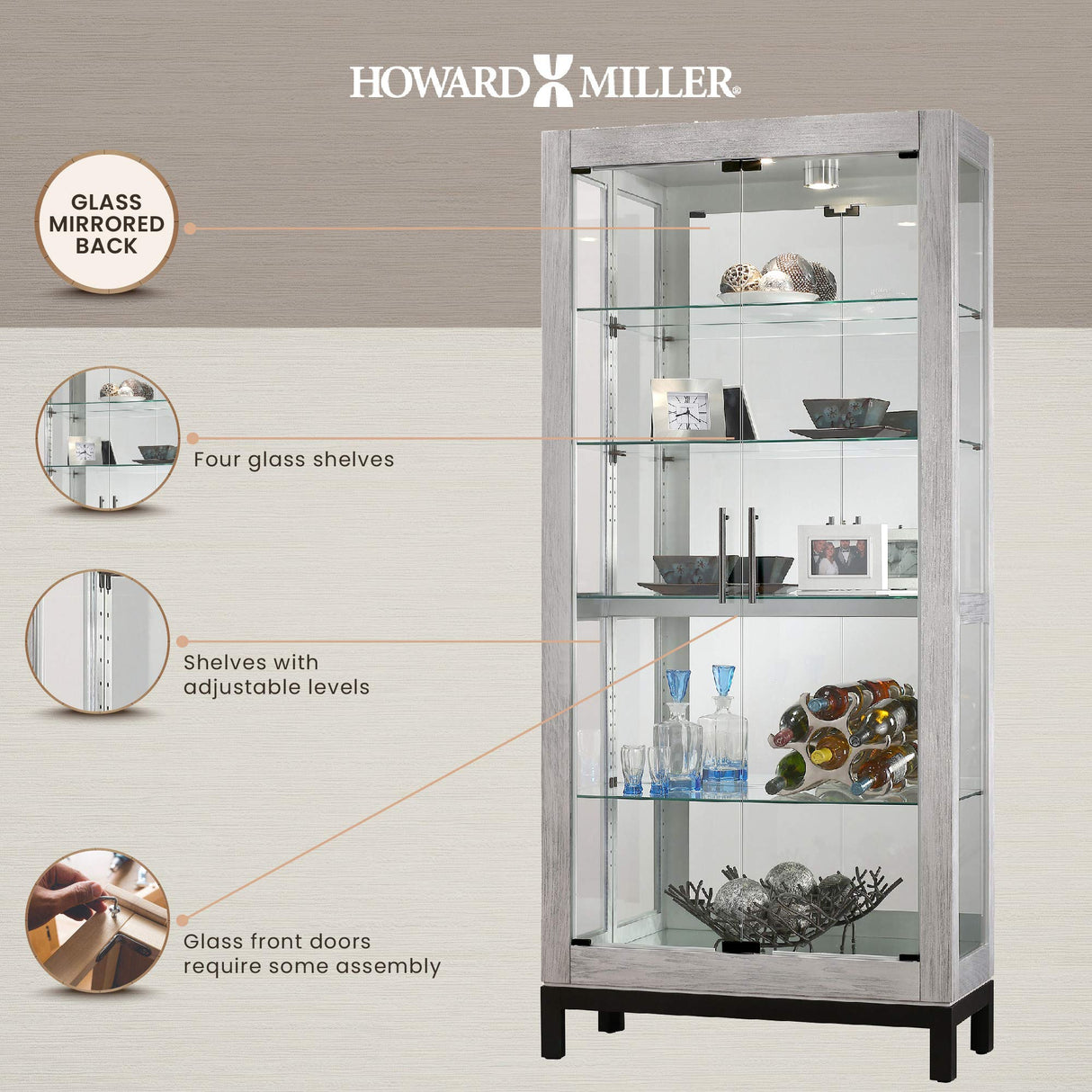 Howard Miller Quinn II Curio Cabinet 680-599 – Burnished Silver Finish Home Decor, Four Glass Shelves, Five Level Display Case, No-Reach Roller Halogen Light Howard Miller