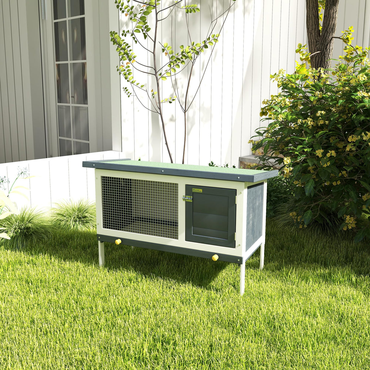 PawHut 35" Wooden Rabbit Hutch Indoor, Bunny Cage Outdoor, Guinea Pig House with Pull-Out Tray, and Openable Asphalt Roof, Black PawHut