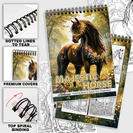 NETHOUSE Majestic Horse Spiral Coloring Book for Adult Relaxation & Stress Relief, 30 Coloring Pages of Elegant Horse Illustrations, Running Horse, Tail Art and Nature-Inspired Scenes, Detailed Mane NETHOUSE