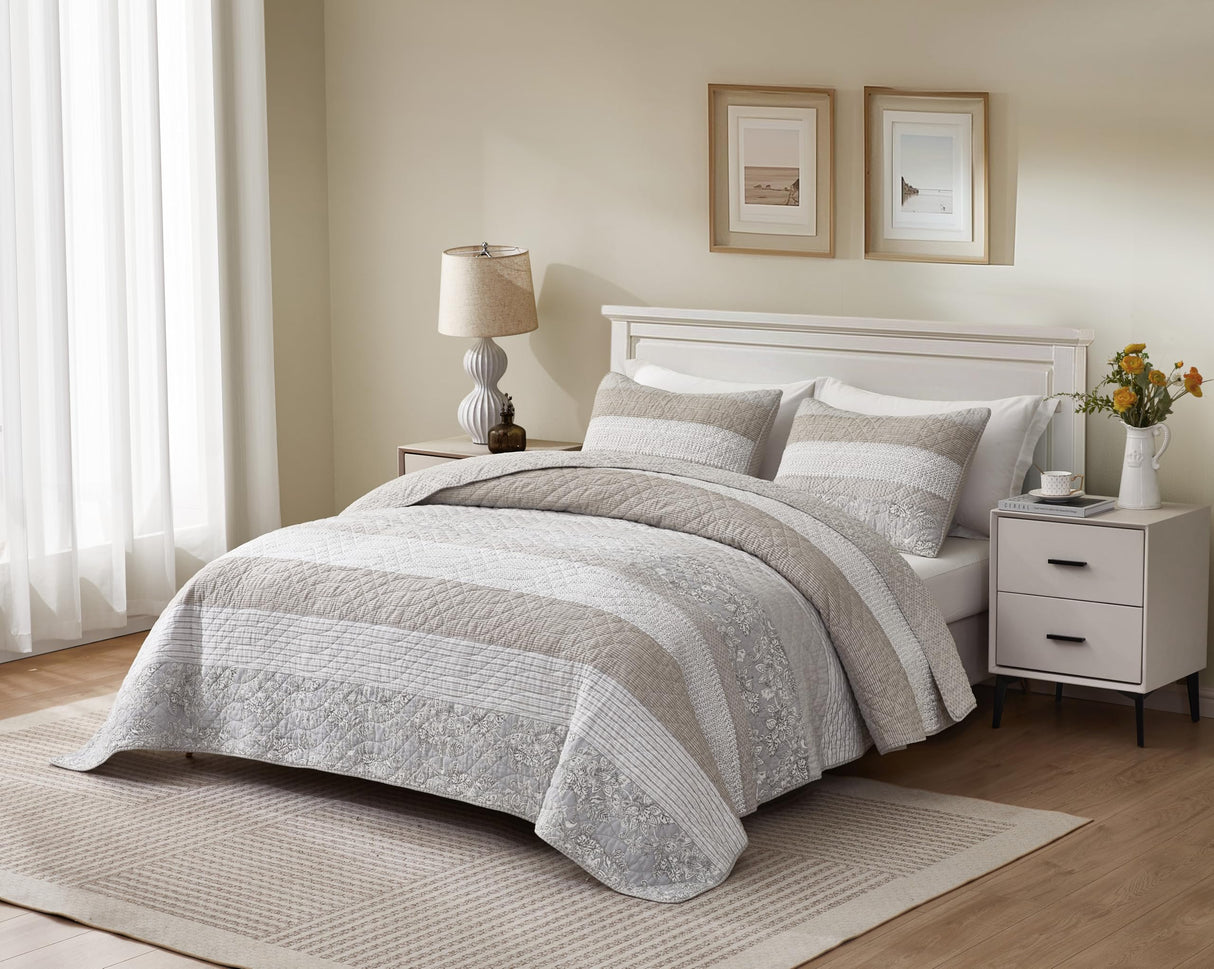 Chezmoi Collection Robyn 3-Piece Neutral Taupe Gray White Floral Hibiscus Flower Patchwork Striped Quilt Set - Pre-Washed Cotton Coverlet - Lightweight Reversible Bedspread, King Size Chezmoi Collection