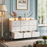 WLIVE Dresser TV Stand for 55 inch, Led Dresser for Bedroom, White Dresser for Bedroom with LED Lights and Charging Station, Chest of Drawers, 9 Fabric Dresser Drawers, Wood Top, Living Room, Closet WLIVE