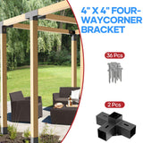 4x4 Pergola Bracket Kit - 2pcs 4-Way Heavy Duty Corner Brackets for 4''x4'' Wooden Beams (Actual 3.6''x3.6'') - Includes Stainless Steel Hardware for Patio Pergolas, Log Cabins & Outdoor Structures CHICAURA