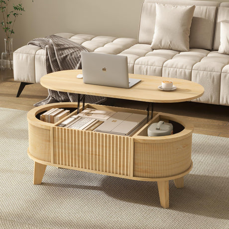 LYNCOHOME Fluted Lift Top Coffee Table with Hidden Compartment, Modern Oval Coffee Table for Living Room, Home Office, Natural LYNCOHOME
