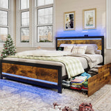 Ailisite Queen Size Bed Frame with 4 Drawers, LED Lights & USB Charging Ports - Rustic Wood Platform Design Ailisite