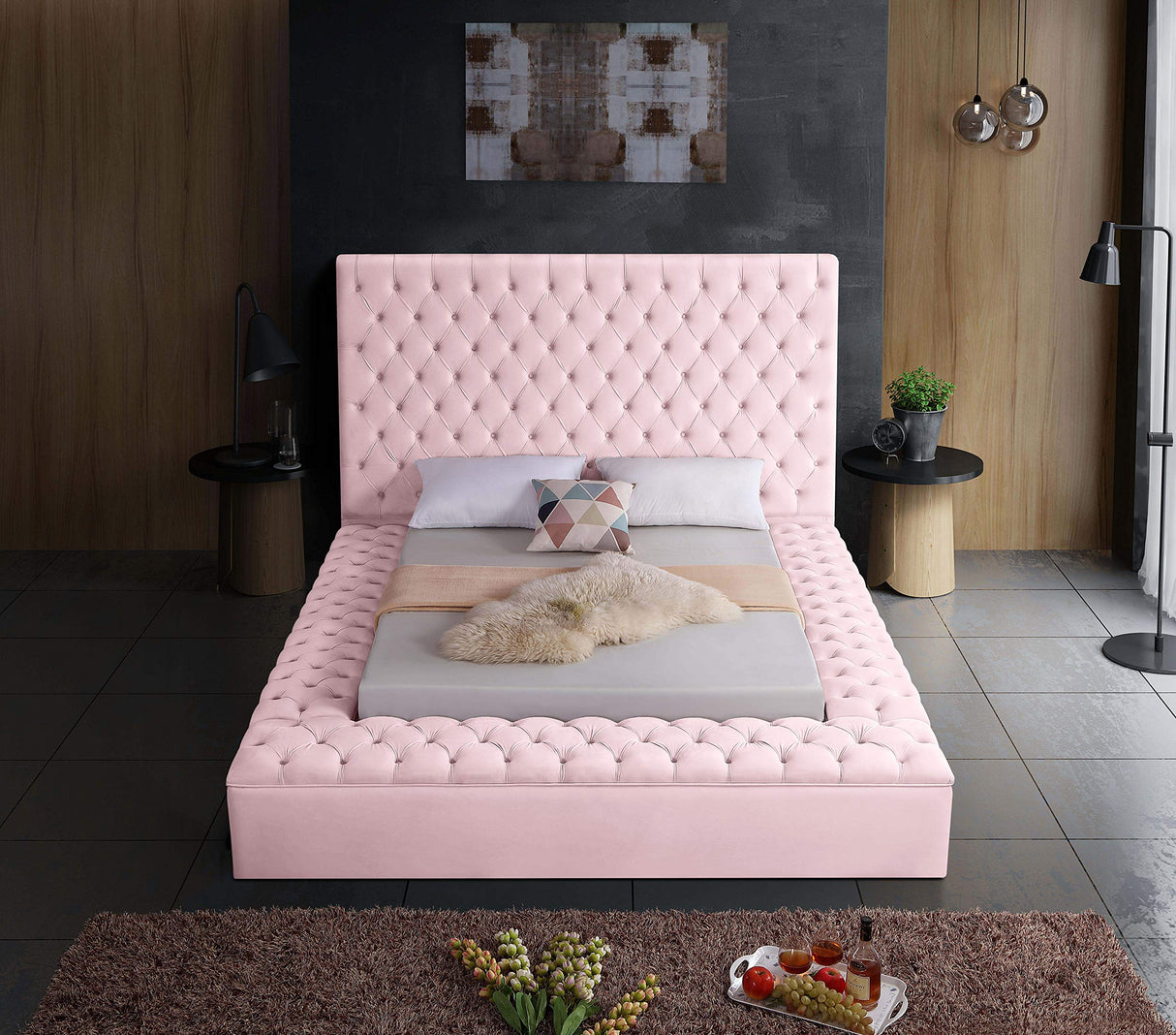 Meridian Furniture Bliss Collection Modern | Contemporary Velvet Upholstered Bed with Deep Button Tufting and Storage Compartments in Rails and Footboard, Pink, King Meridian Furniture