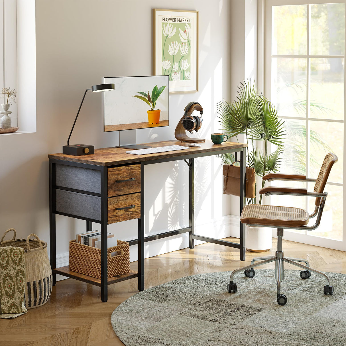 CubiCubi Computer Home Office Desk with 2 Drawers, 47 Inch Small Desk Study Writing Table, Modern Simple PC Desk, Rustic Brown CubiCubi