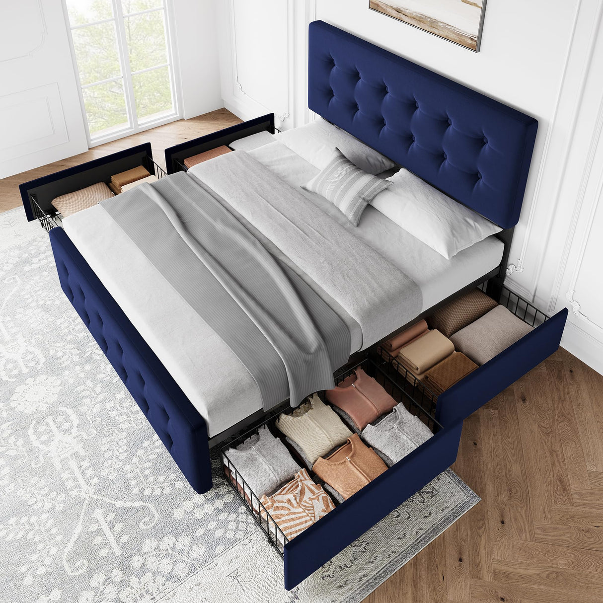 IDEALHOUSE Queen Size Bed Frame with 4 Storage Drawers and Headboard, Velvet Upholstered Platform Bed Frame with Wooden Slats Support, Button Tufted Design, No Box Spring Needed, Blue IDEALHOUSE