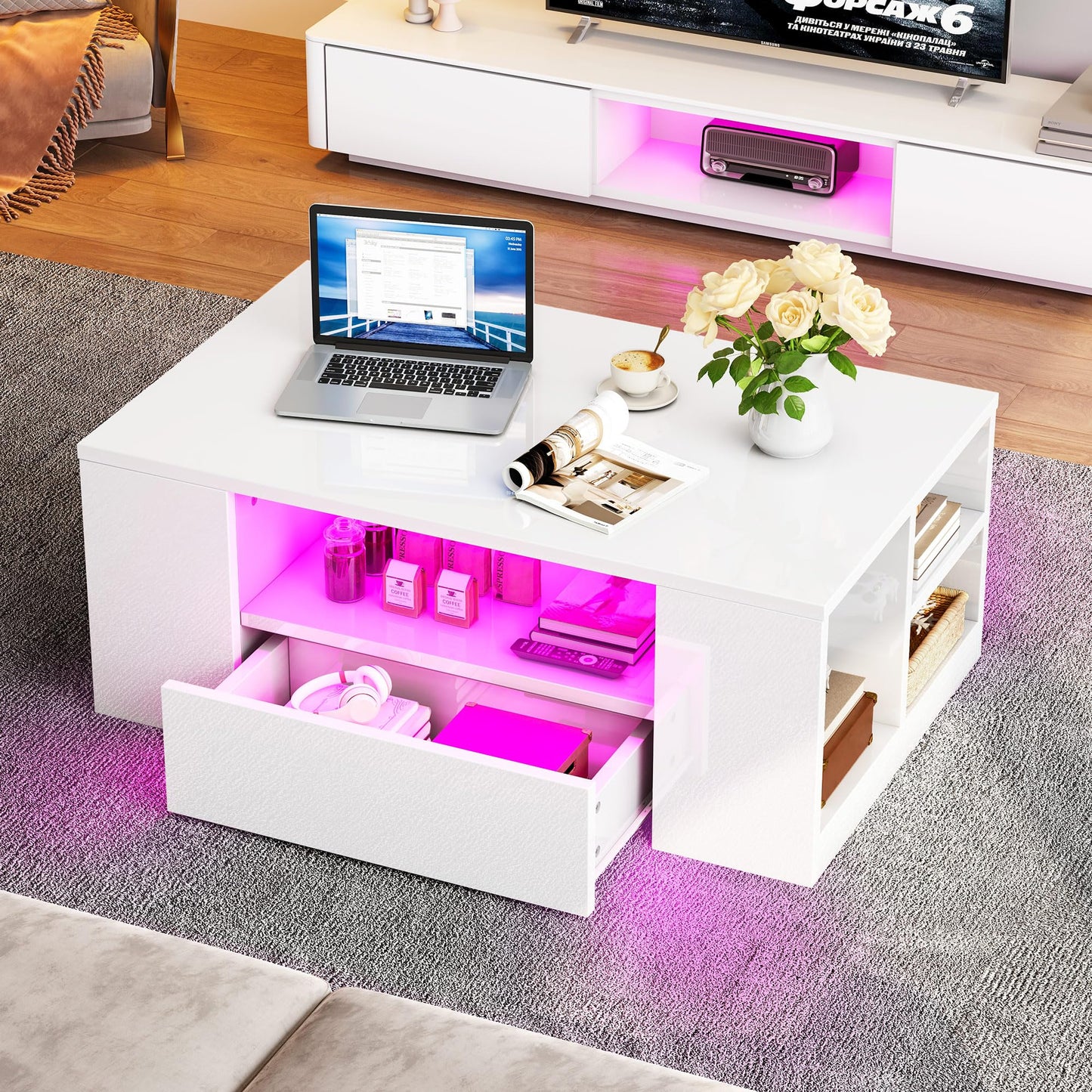 YITAHOME Modern Coffee Tables for Living Room, High Gloss LED Coffee Table, Storage Coffee Table, Small Coffee Table, Wood Center Table with 2 Sliding Drawers and Open Side Shelf,White