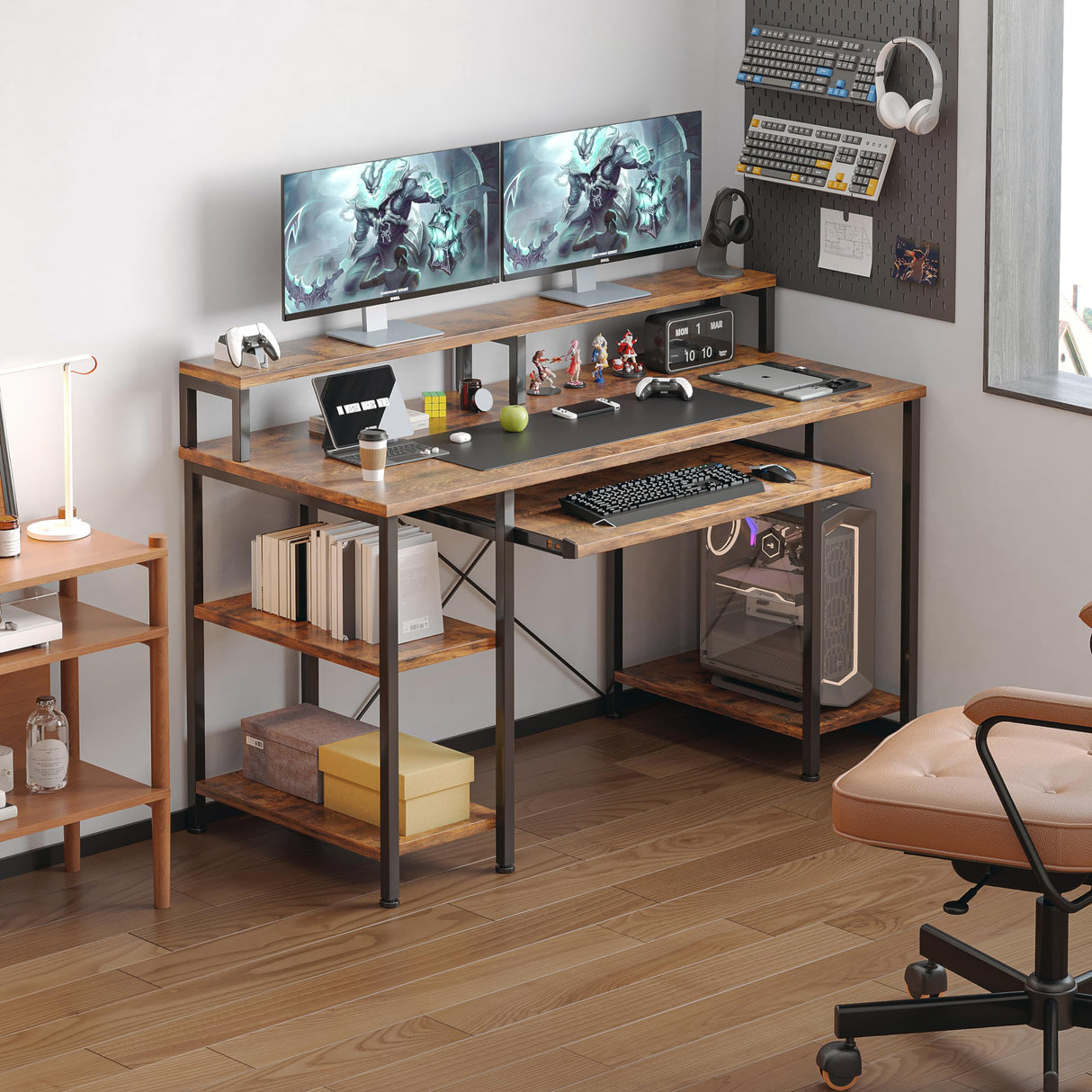 VERMESS 48Inch Computer Desk, Home Office Desks with Keyboard Tray, Gaming Desk with CPU Stand Shelf,Industrial Study Table Wide Writing Desk with Storage Shelves for 2 Monitors, Rustic Brown VERMESS