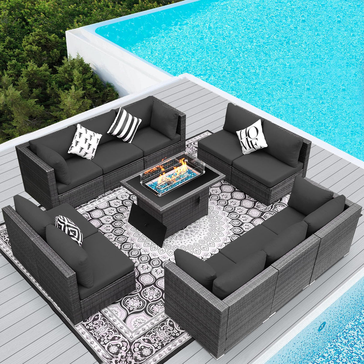 RADIATA PE Wicker Patio Furniture Set Sectional High Back Large Size Sofa Sets with Propane Fire Pit Table 55000 BTU Balcony Rattan Lounge Conversation Sets for Outdoor (11 Pieces,Dark Gray) RADIATA
