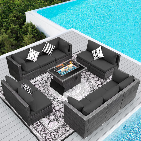 RADIATA PE Wicker Patio Furniture Set Sectional High Back Large Size Sofa Sets with Propane Fire Pit Table 55000 BTU Balcony Rattan Lounge Conversation Sets for Outdoor (11 Pieces,Dark Gray) RADIATA
