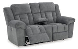 Signature Design by Ashley Tip-Off Modern Wall Hugger Power Reclining Loveseat with Adjustable Headrest, USB Ports, Storage and Cup Holders, Gray Signature Design by Ashley