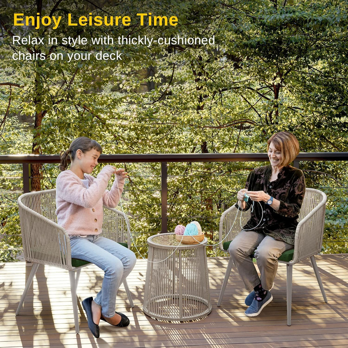 EAST OAK 3-Piece Patio Bistro Set, Patio Conversation Set with 2 Wide Ergonomic Chairs, Cushions & Glass Top Side Table, Outdoor All-Weather Wicker Furniture for Porch, Upgrade Ivory & Jungle Green EAST OAK