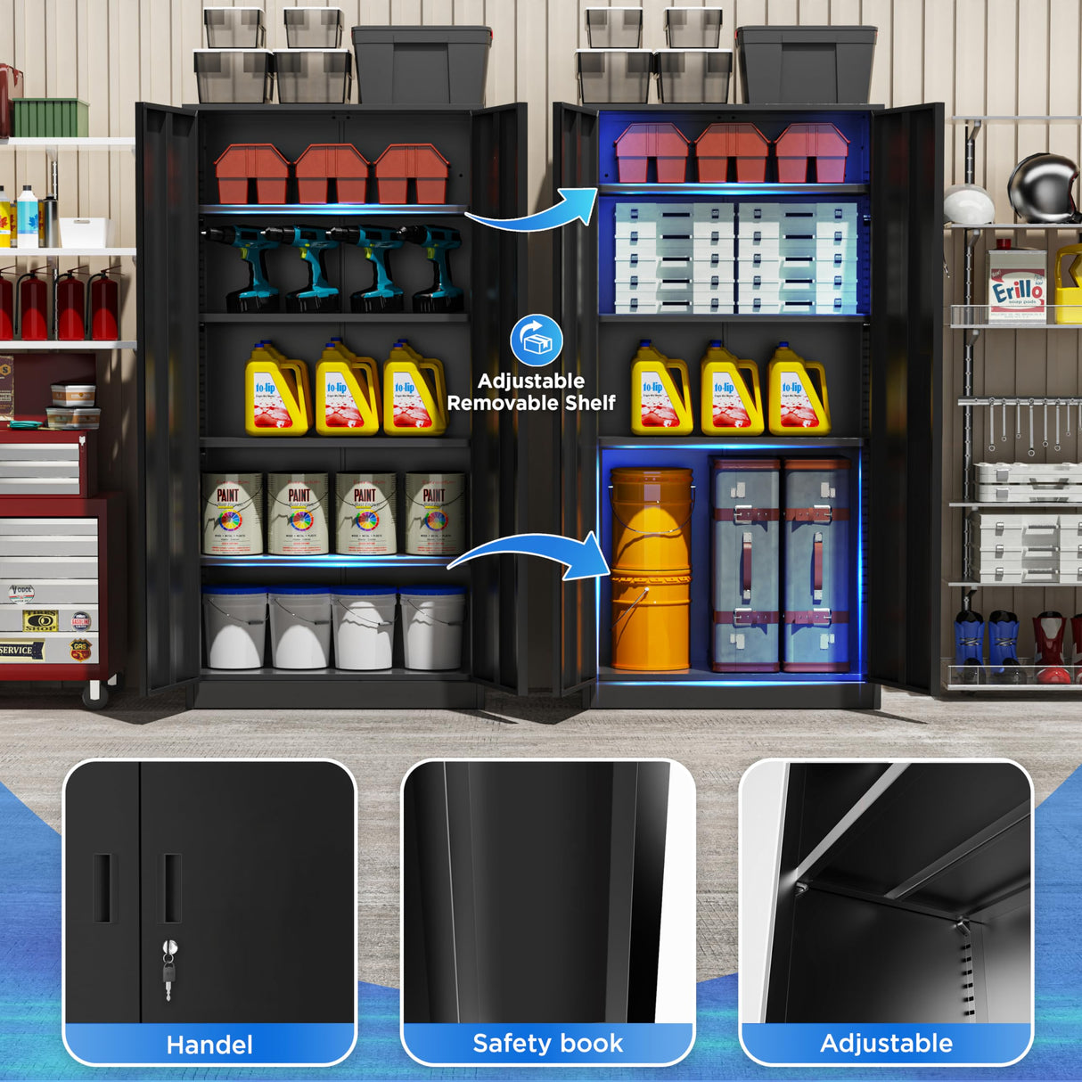 Greenvelly Metal Garage Storage Cabinet, 72'' Lockable Steel Cabinet with 2 Doors and 4 Adjustable Shelves, Black Metal Tool Cabinets,Locking File Cabinet for Home Office, Garage, School Greenvelly