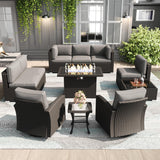 LayinSun 11 Pieces Patio Furniture Set with Fire Pit Table, Black Rattan Modular Sectional Outdoor Conversation Sofa Set, Swivel Rocking Chairs Set LayinSun