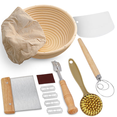 Swice Bread Proofing Basket, Round 9-Inch Banneton Sourdough Starter Kit with Lame, Dough Scraper, Linen Liner, and Basting Brush, Complete Bread Making Supplies and Tools