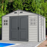 Duramax Woodside Plus 10 x 8 (8.02 m2) Plastic Garden Shed with 3 Fixed Windows & Metal Foundation Kit, Strong Metal Roof Structure Fire Retardant and Maintenance-Free Storage Shed - Dark Grey/Adobe DURAMAX