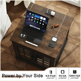 ChooChoo Rustic End Table, 24" Large Sofa Side Table with Charging Station & LED Light, Black Nightstand with Adjustable Storage Shelf, Square Bedside Table for Living Room, Bedroom, Office ChooChoo