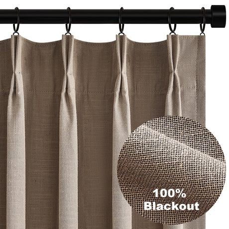 Topfinel Extra Long Total Blackout Linen Curtains 120 Inches Long for Living Room Large Window with Hooks Rings, Pinch Pleated Cold Blocking Acoustic Heavy Taupe Track Curtains 2 Panels 10 FT Topfinel